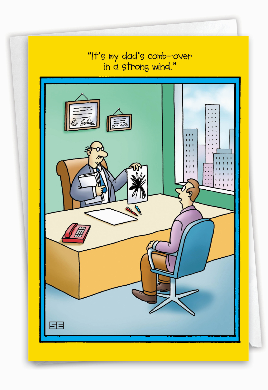 Humorous cartoon office scene normalizing ADHD-style scribbles and focus challenges.